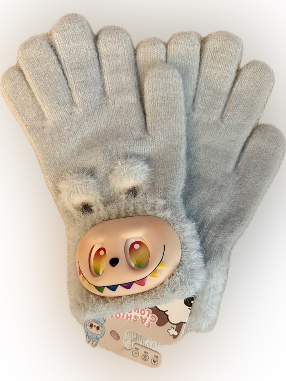 Light grey Plush Labubu “Secret” Character Gloves